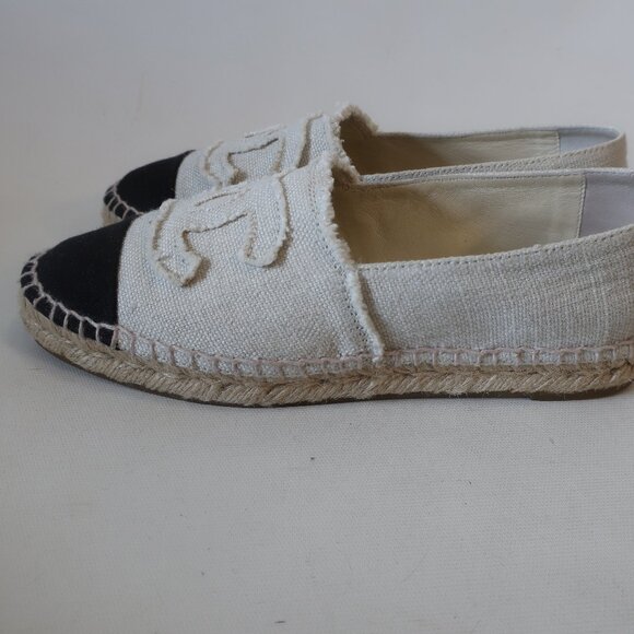 Authentic Womens Chanel Rev Coco Beige Black Linen Flat Espadrille Shoes 38 US/8 - Picture 6 of 14